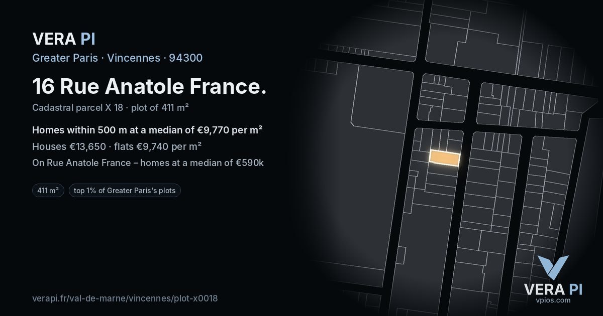 16 Rue Anatole France, Vincennes at night – the plot lit, the parcels around coloured by the prices near them