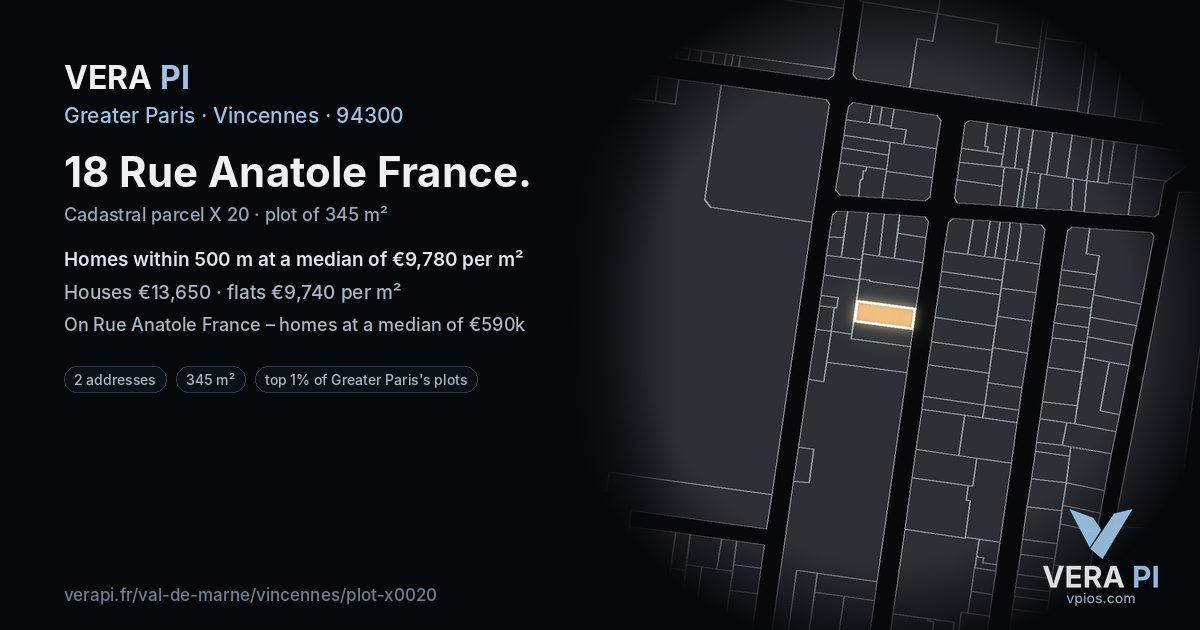 18 Rue Anatole France, Vincennes at night – the plot lit, the parcels around coloured by the prices near them