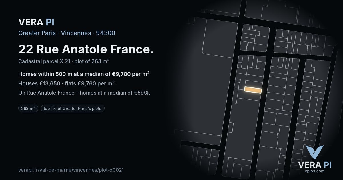 22 Rue Anatole France, Vincennes at night – the plot lit, the parcels around coloured by the prices near them