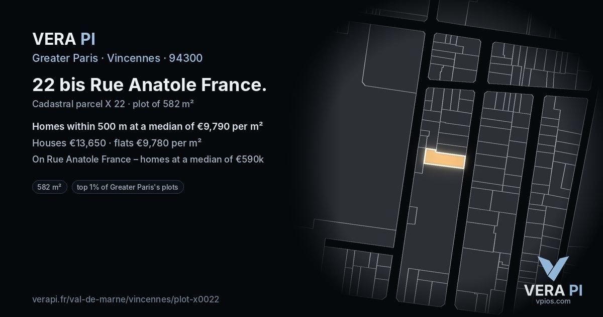 22 bis Rue Anatole France, Vincennes at night – the plot lit, the parcels around coloured by the prices near them