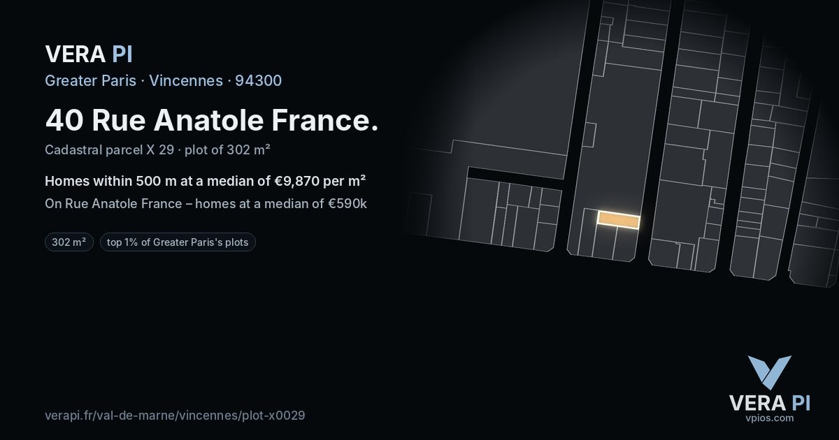 40 Rue Anatole France, Vincennes at night – the plot lit, the parcels around coloured by the prices near them