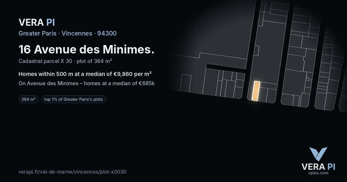 16 Avenue des Minimes, Vincennes at night – the plot lit, the parcels around coloured by the prices near them