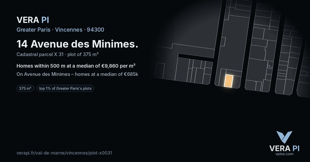 14 Avenue des Minimes, Vincennes at night – the plot lit, the parcels around coloured by the prices near them