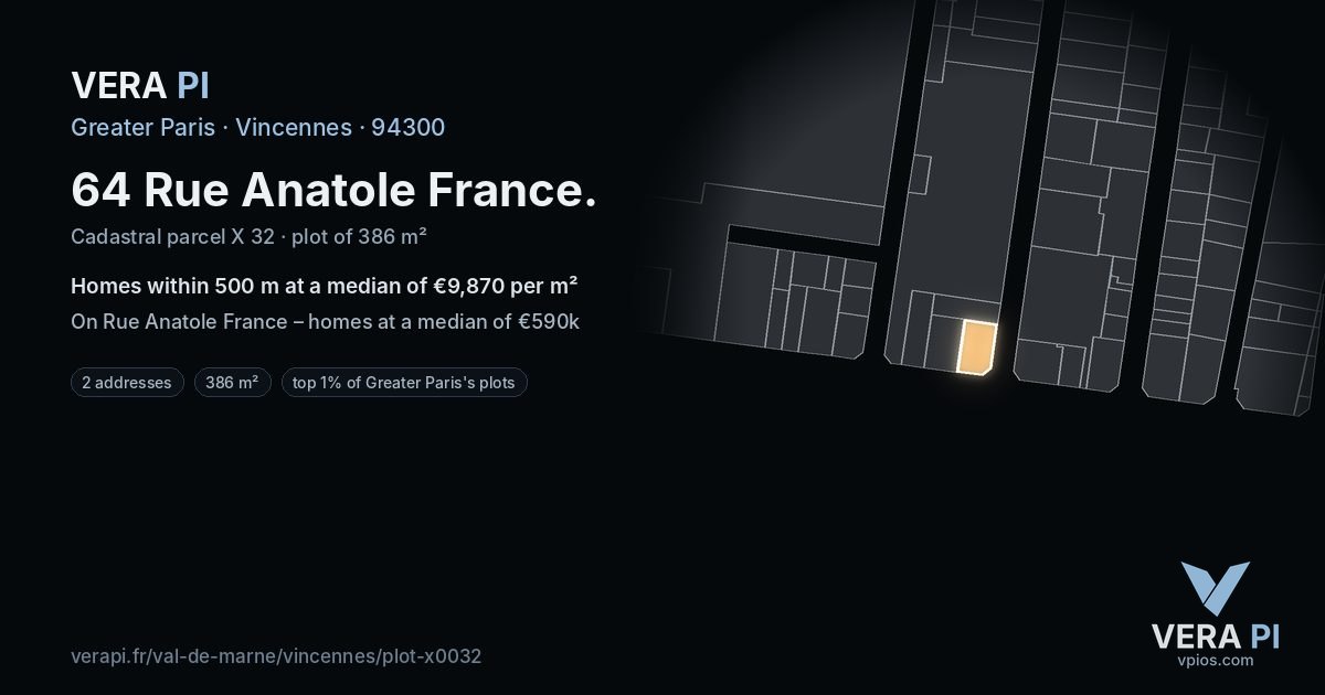 64 Rue Anatole France, Vincennes at night – the plot lit, the parcels around coloured by the prices near them