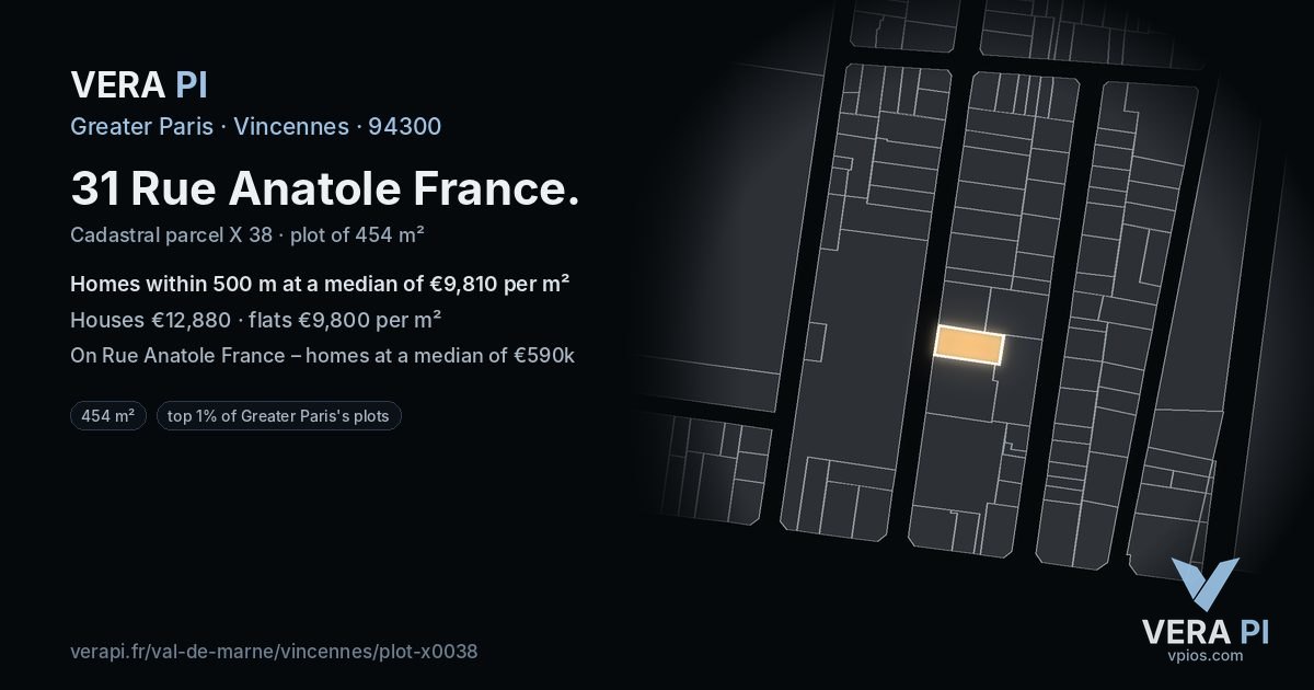 31 Rue Anatole France, Vincennes at night – the plot lit, the parcels around coloured by the prices near them