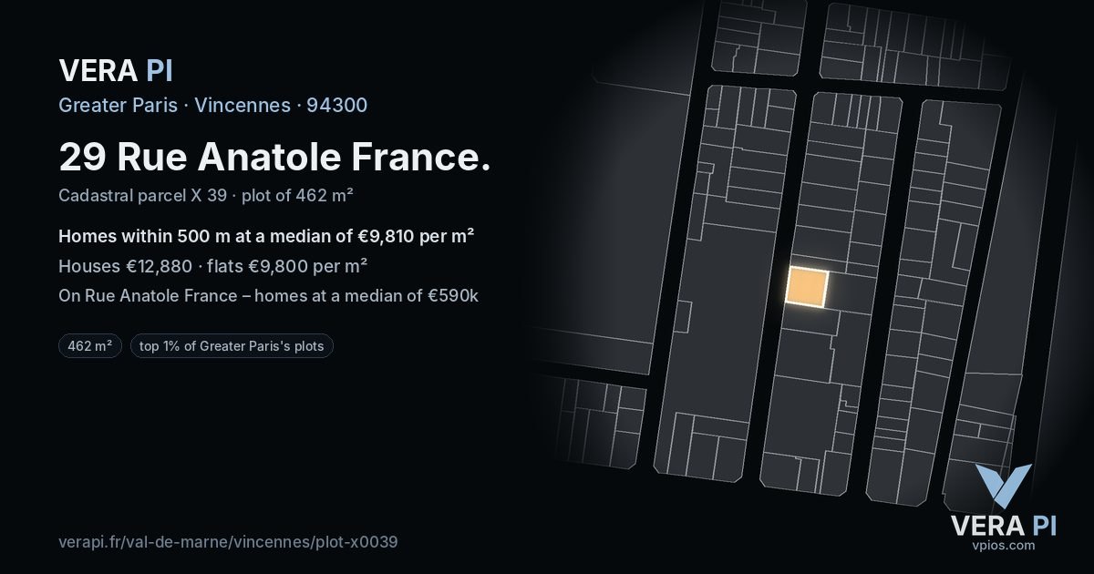 29 Rue Anatole France, Vincennes at night – the plot lit, the parcels around coloured by the prices near them
