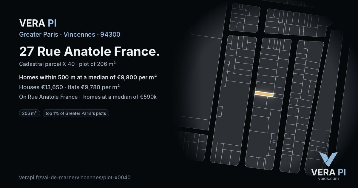 27 Rue Anatole France, Vincennes at night – the plot lit, the parcels around coloured by the prices near them