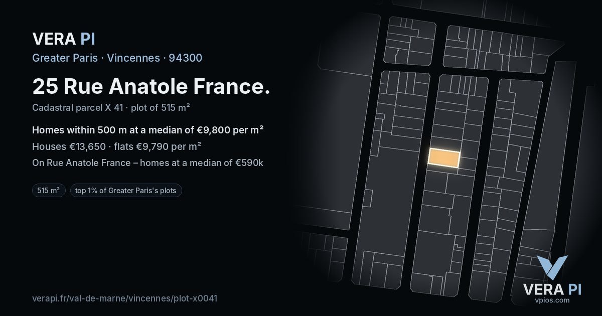 25 Rue Anatole France, Vincennes at night – the plot lit, the parcels around coloured by the prices near them