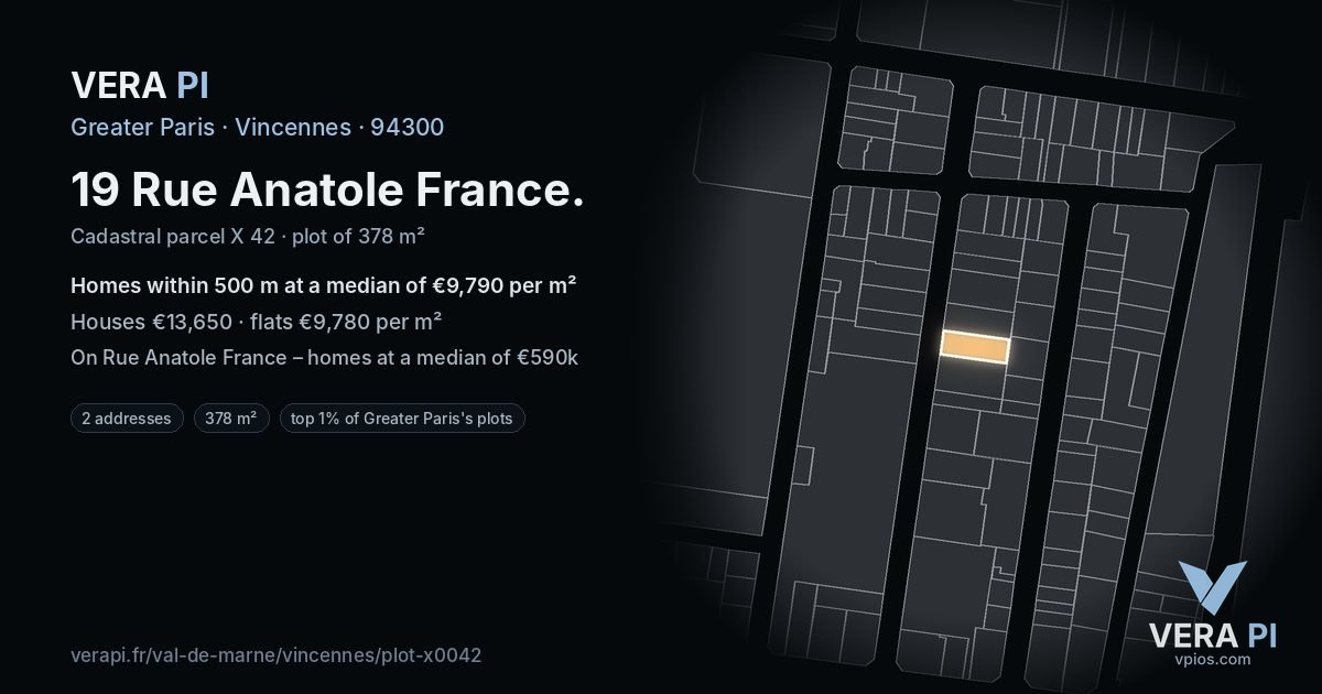 19 Rue Anatole France, Vincennes at night – the plot lit, the parcels around coloured by the prices near them