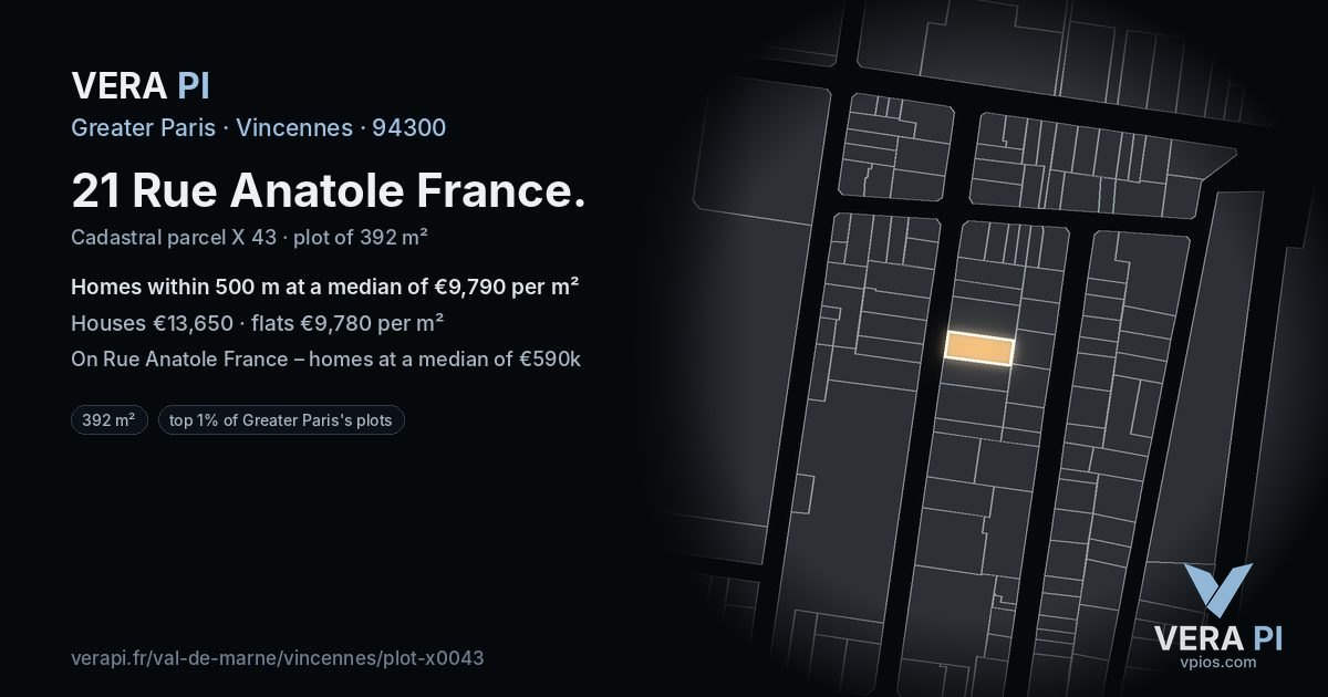 21 Rue Anatole France, Vincennes at night – the plot lit, the parcels around coloured by the prices near them