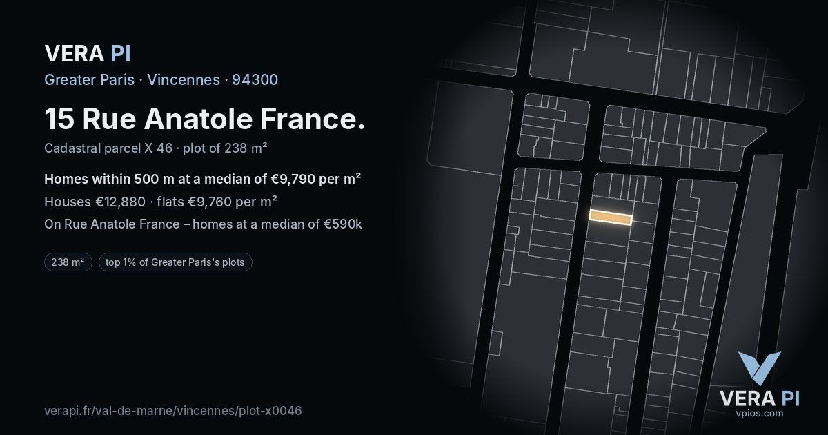 15 Rue Anatole France, Vincennes at night – the plot lit, the parcels around coloured by the prices near them
