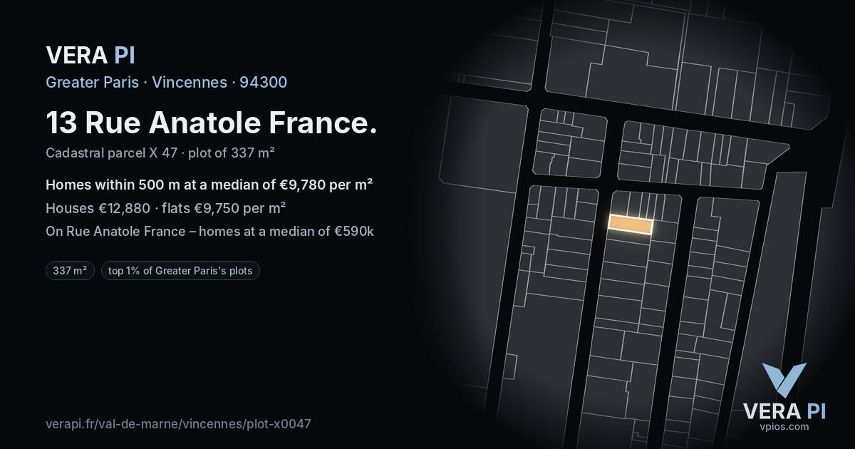 13 Rue Anatole France, Vincennes at night – the plot lit, the parcels around coloured by the prices near them