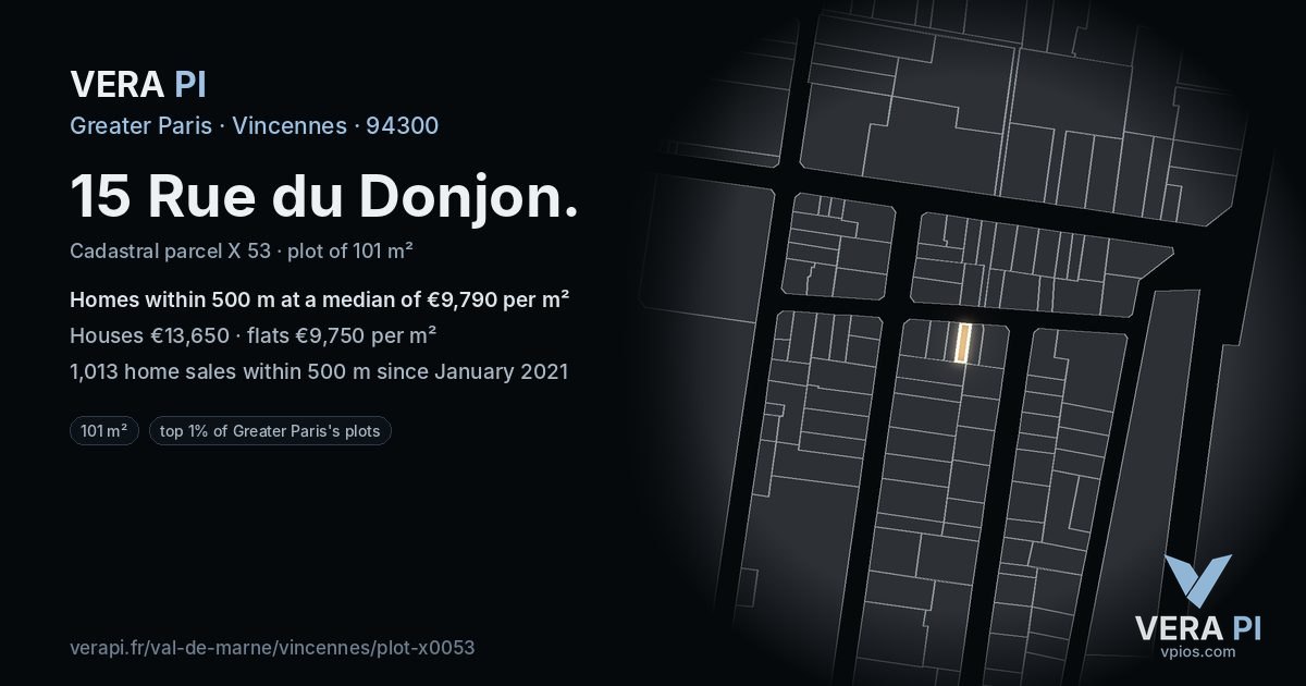 15 Rue du Donjon, Vincennes at night – the plot lit, the parcels around coloured by the prices near them