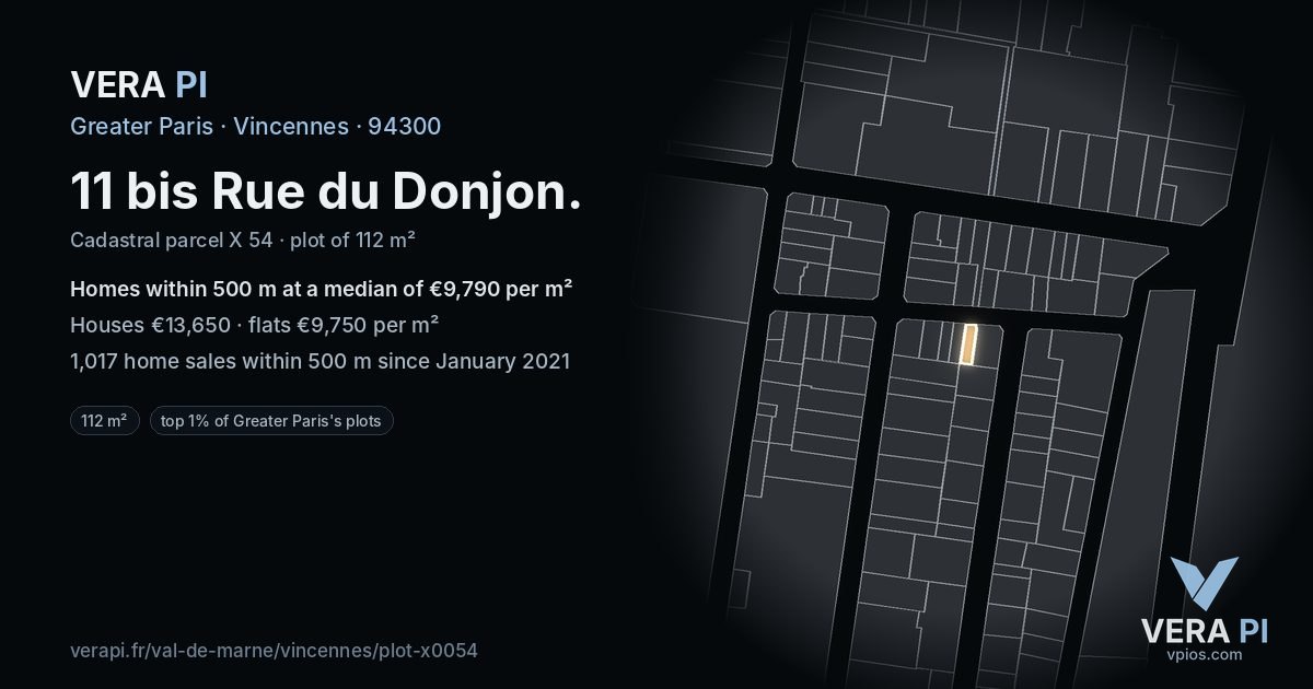 11 bis Rue du Donjon, Vincennes at night – the plot lit, the parcels around coloured by the prices near them