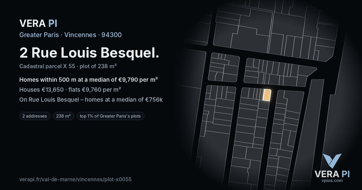 2 Rue Louis Besquel, Vincennes at night – the plot lit, the parcels around coloured by the prices near them