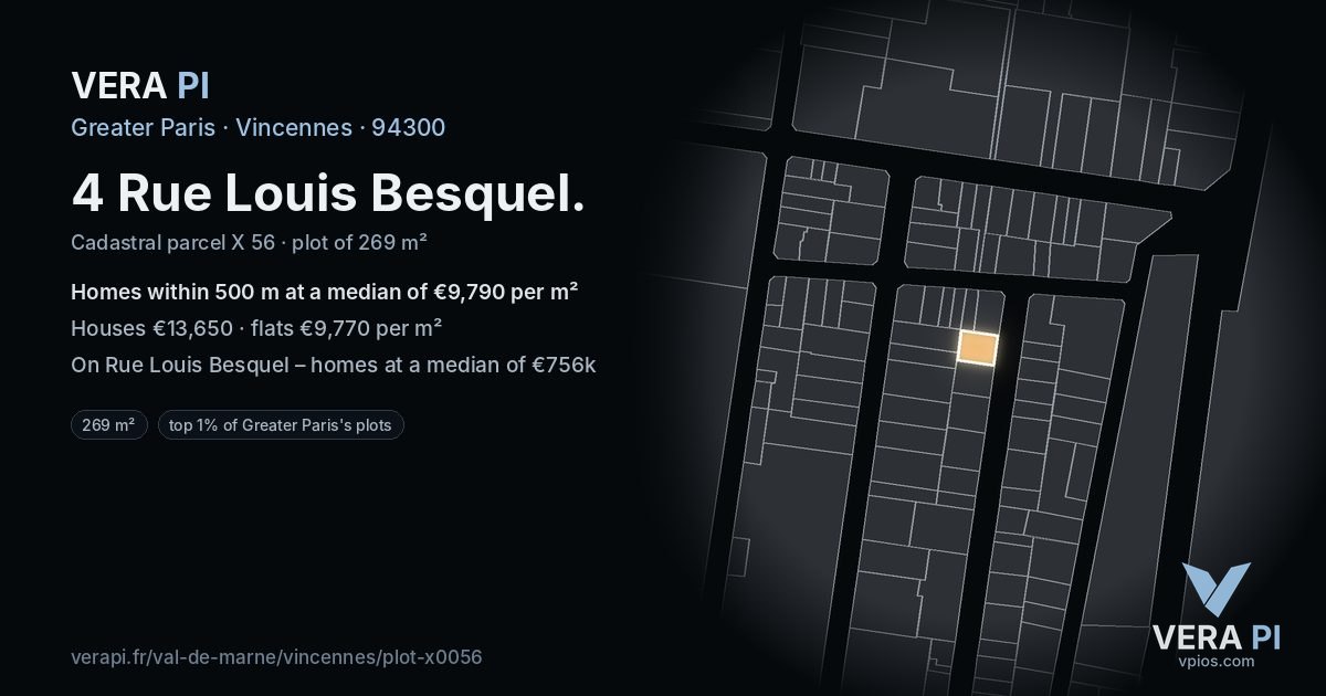 4 Rue Louis Besquel, Vincennes at night – the plot lit, the parcels around coloured by the prices near them