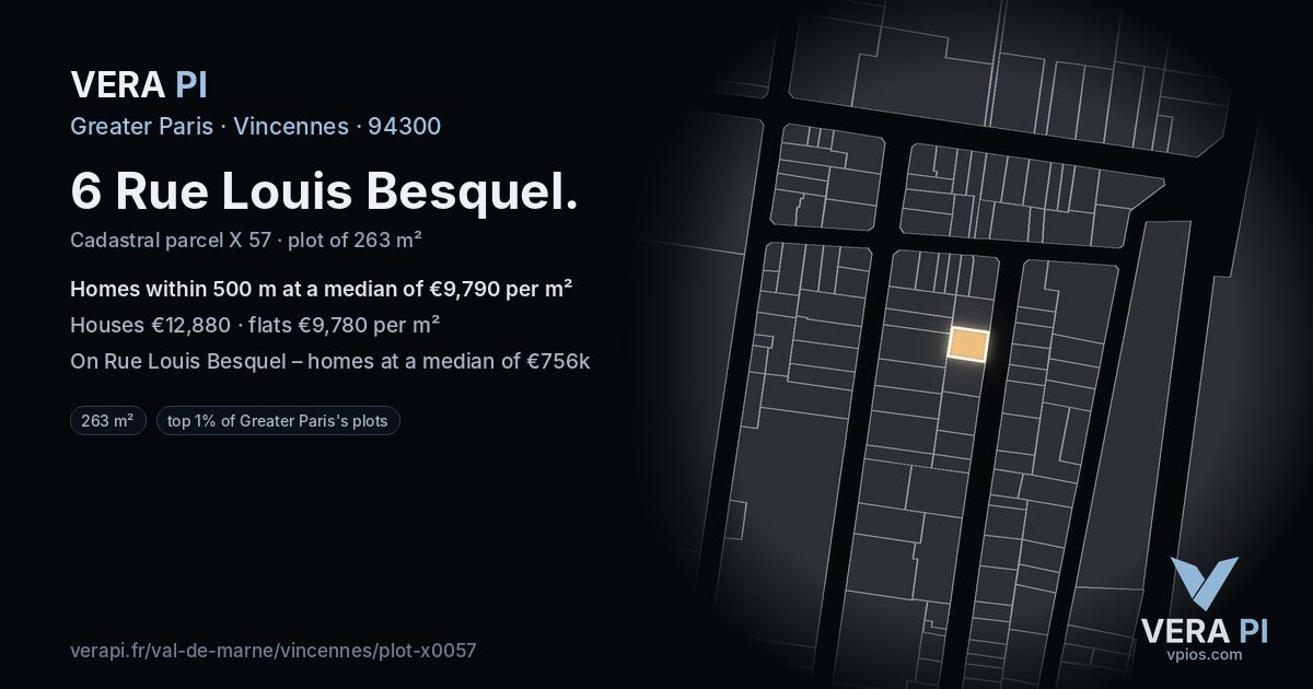 6 Rue Louis Besquel, Vincennes at night – the plot lit, the parcels around coloured by the prices near them