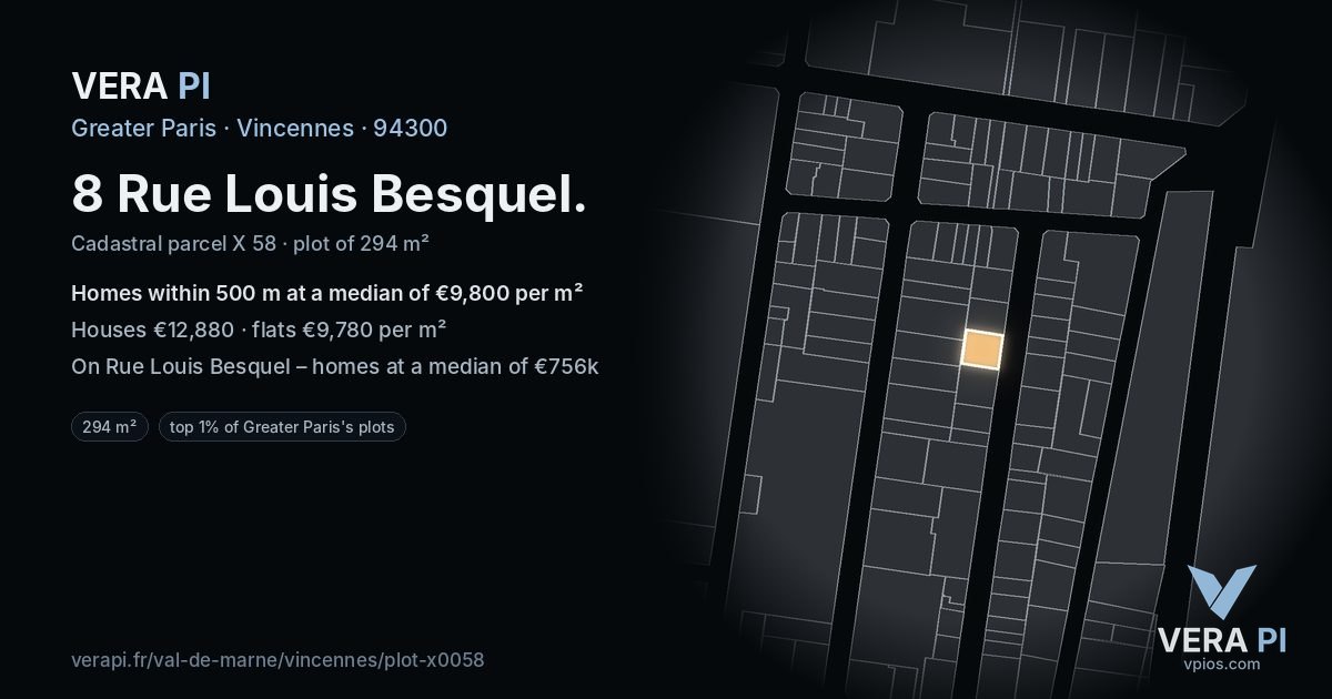 8 Rue Louis Besquel, Vincennes at night – the plot lit, the parcels around coloured by the prices near them