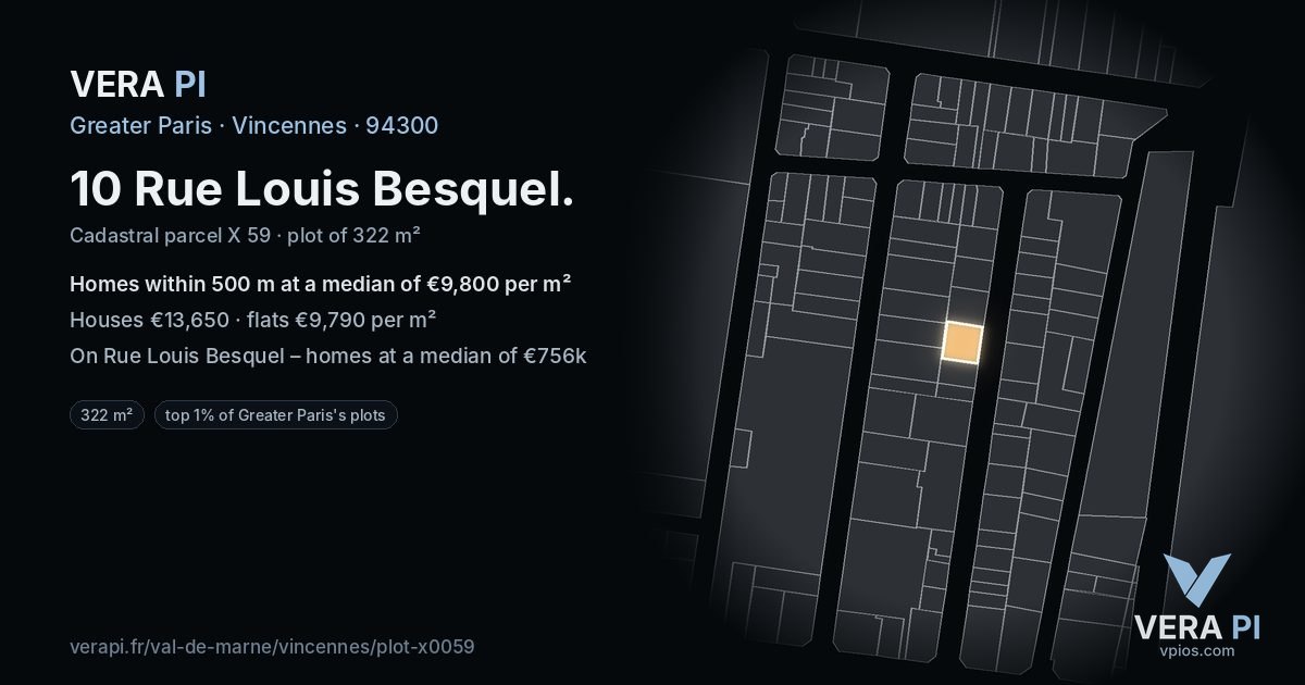 10 Rue Louis Besquel, Vincennes at night – the plot lit, the parcels around coloured by the prices near them