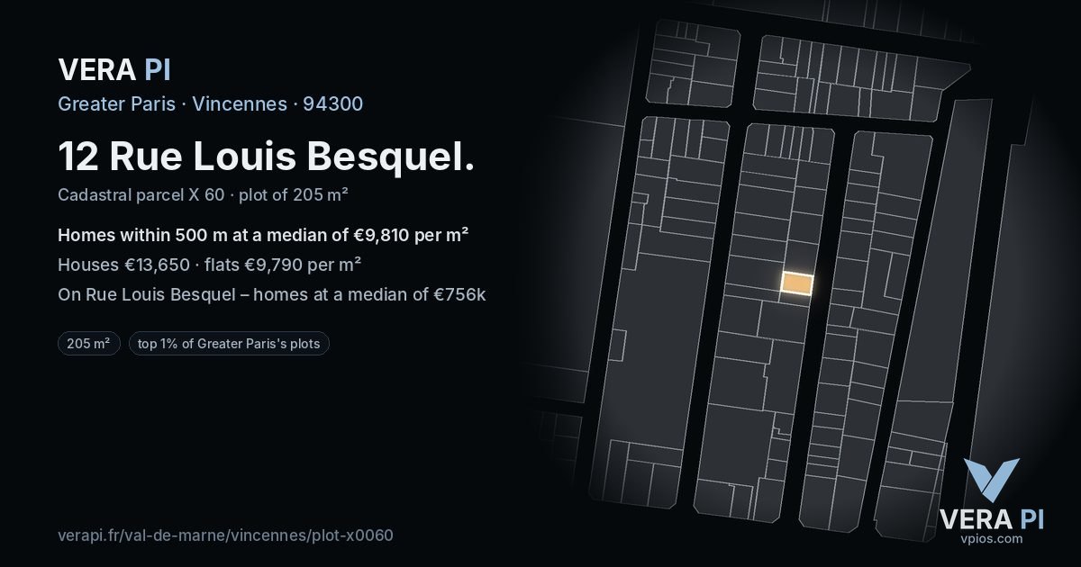 12 Rue Louis Besquel, Vincennes at night – the plot lit, the parcels around coloured by the prices near them