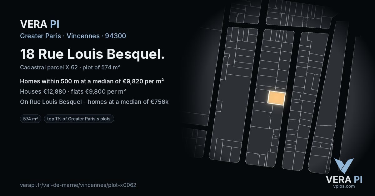 18 Rue Louis Besquel, Vincennes at night – the plot lit, the parcels around coloured by the prices near them