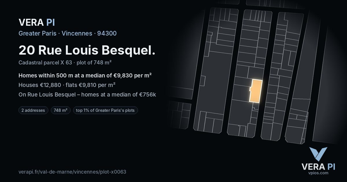 20 Rue Louis Besquel, Vincennes at night – the plot lit, the parcels around coloured by the prices near them