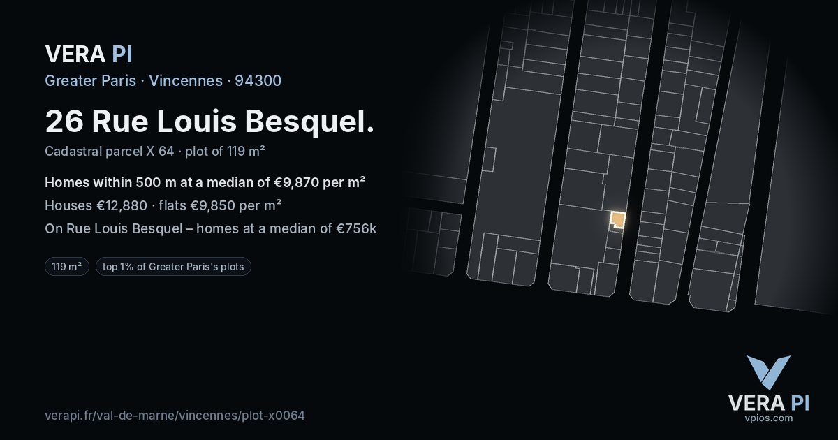 26 Rue Louis Besquel, Vincennes at night – the plot lit, the parcels around coloured by the prices near them