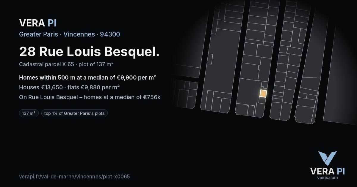 28 Rue Louis Besquel, Vincennes at night – the plot lit, the parcels around coloured by the prices near them