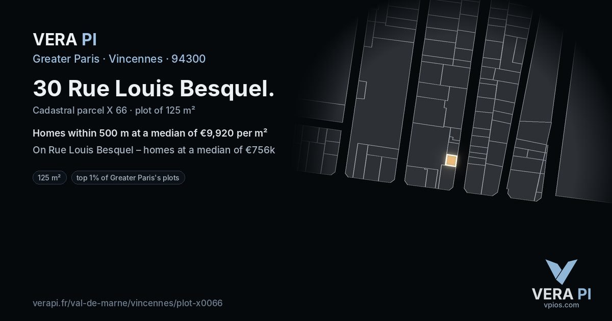 30 Rue Louis Besquel, Vincennes at night – the plot lit, the parcels around coloured by the prices near them