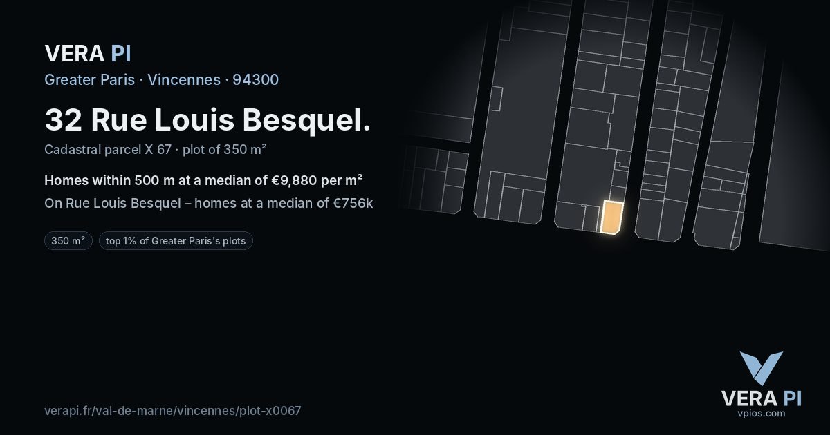 32 Rue Louis Besquel, Vincennes at night – the plot lit, the parcels around coloured by the prices near them