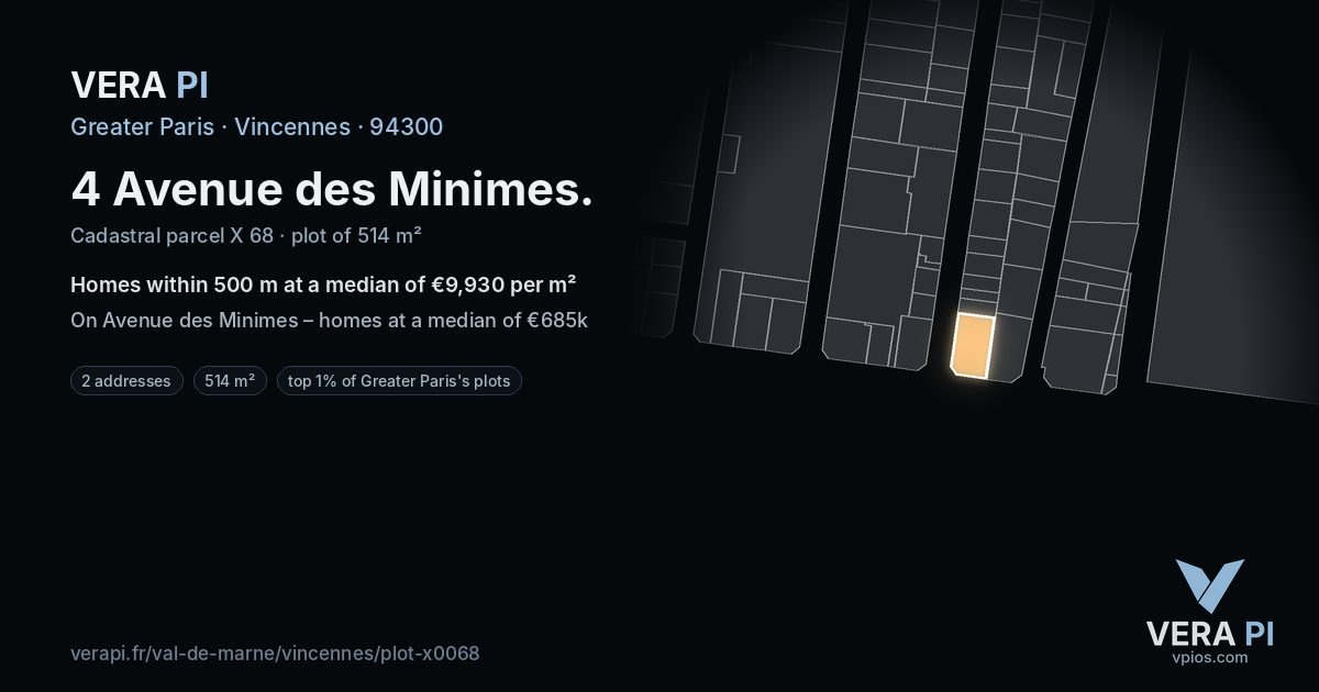 4 Avenue des Minimes, Vincennes at night – the plot lit, the parcels around coloured by the prices near them