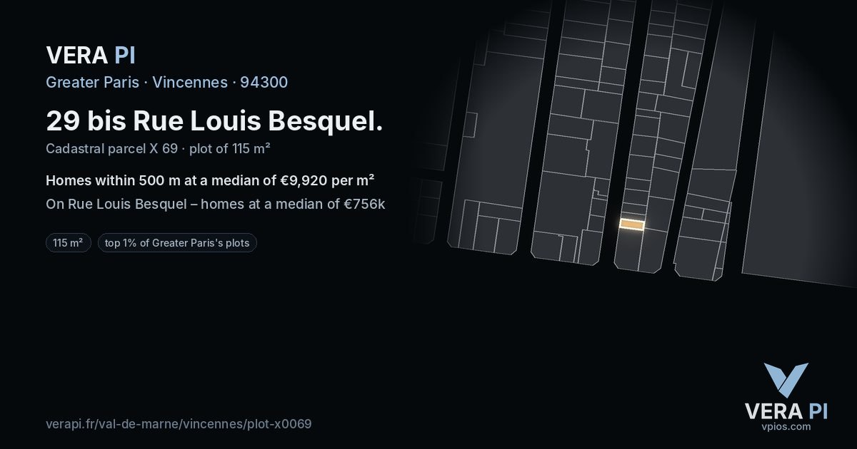 29 bis Rue Louis Besquel, Vincennes at night – the plot lit, the parcels around coloured by the prices near them