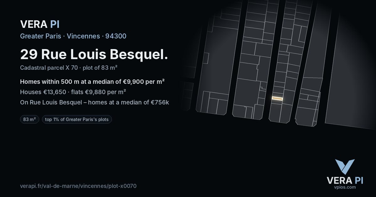 29 Rue Louis Besquel, Vincennes at night – the plot lit, the parcels around coloured by the prices near them