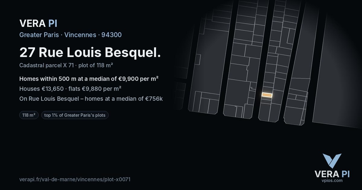 27 Rue Louis Besquel, Vincennes at night – the plot lit, the parcels around coloured by the prices near them