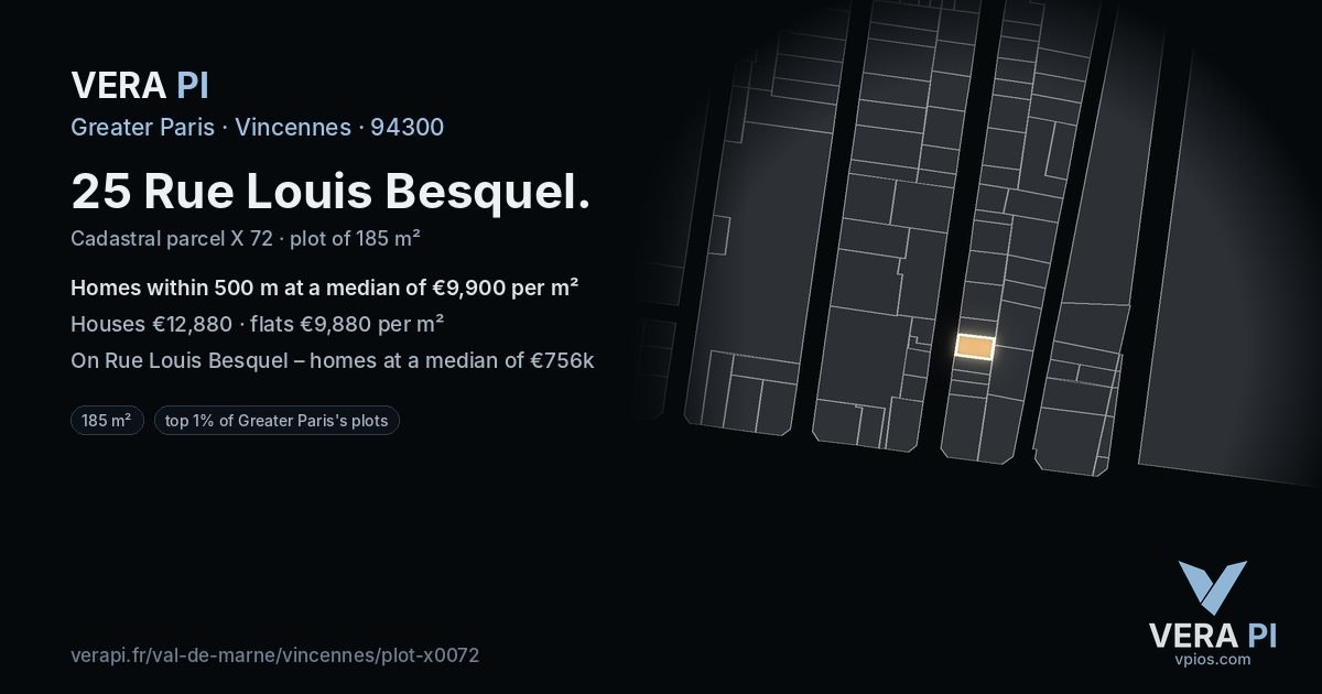 25 Rue Louis Besquel, Vincennes at night – the plot lit, the parcels around coloured by the prices near them