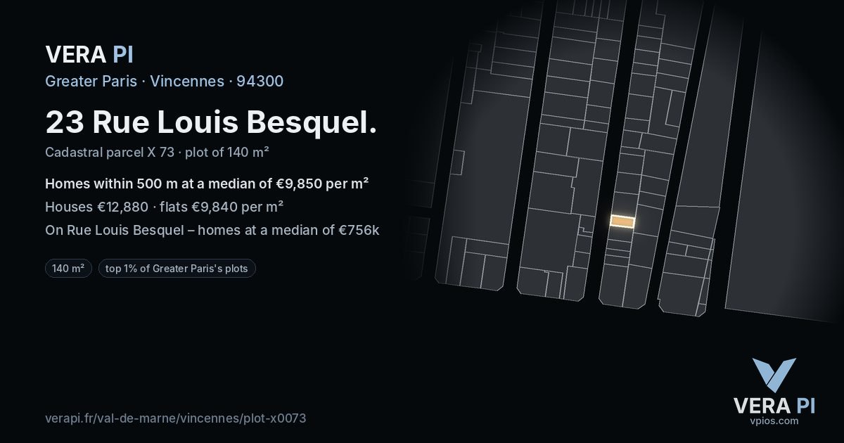 23 Rue Louis Besquel, Vincennes at night – the plot lit, the parcels around coloured by the prices near them