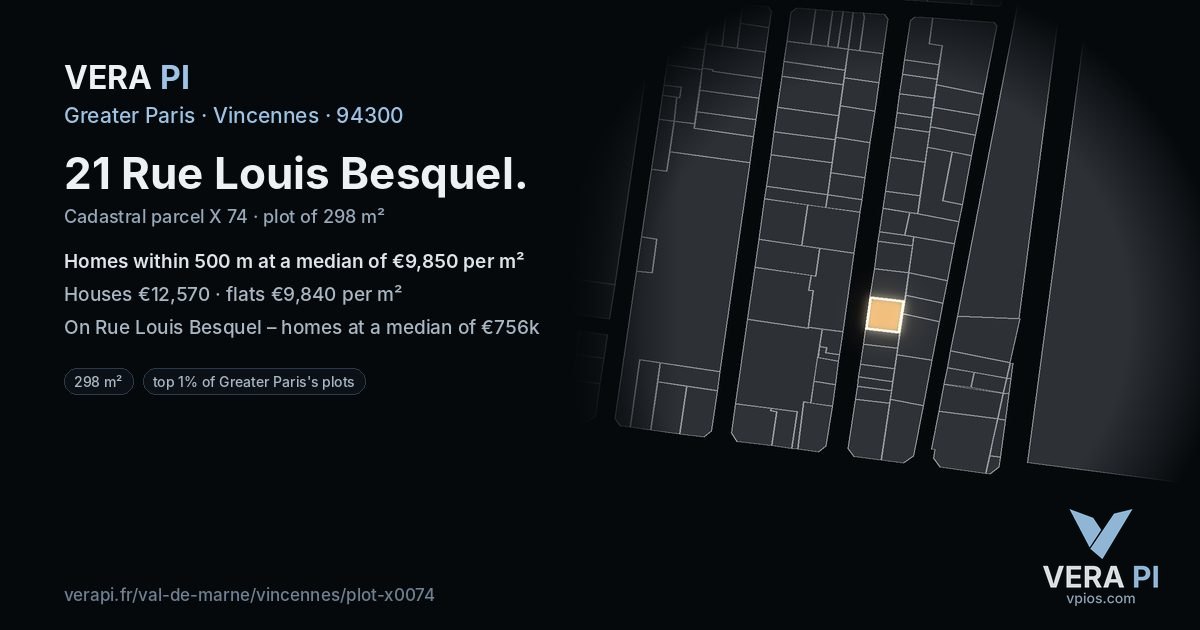 21 Rue Louis Besquel, Vincennes at night – the plot lit, the parcels around coloured by the prices near them