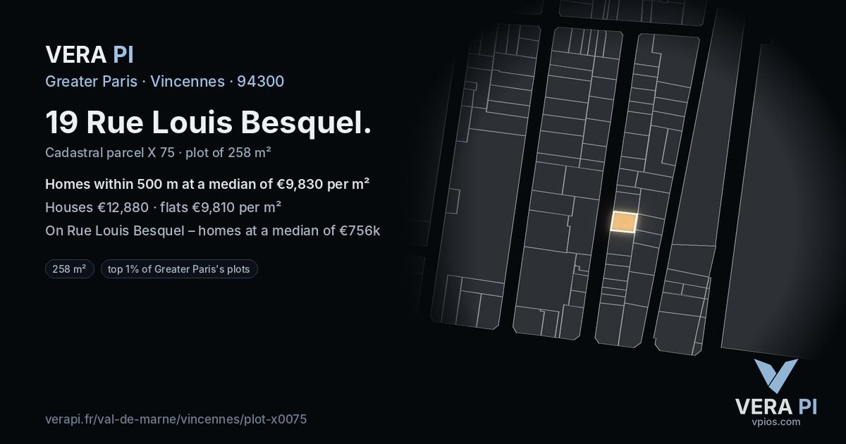 19 Rue Louis Besquel, Vincennes at night – the plot lit, the parcels around coloured by the prices near them