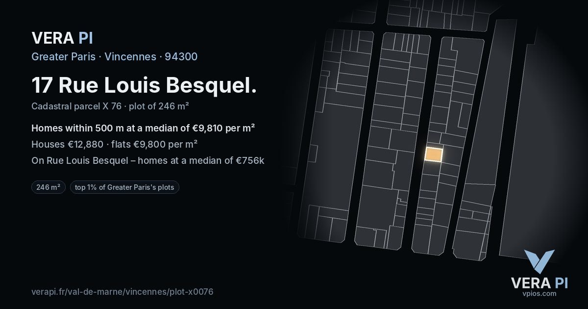 17 Rue Louis Besquel, Vincennes at night – the plot lit, the parcels around coloured by the prices near them