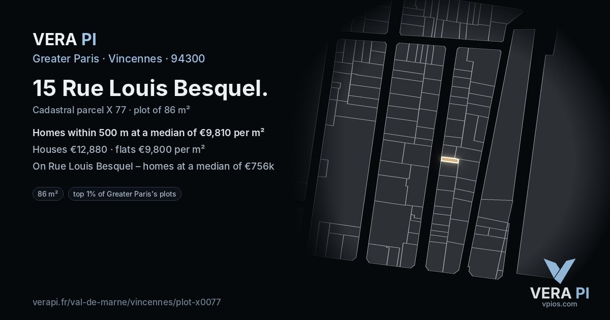 15 Rue Louis Besquel, Vincennes at night – the plot lit, the parcels around coloured by the prices near them