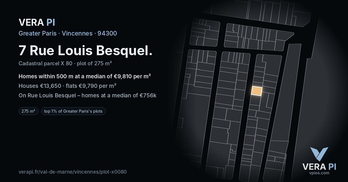 7 Rue Louis Besquel, Vincennes at night – the plot lit, the parcels around coloured by the prices near them