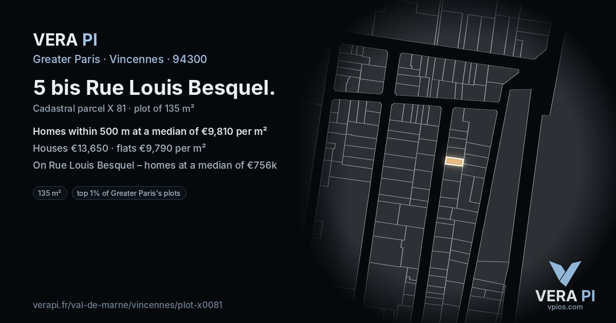 5 bis Rue Louis Besquel, Vincennes at night – the plot lit, the parcels around coloured by the prices near them