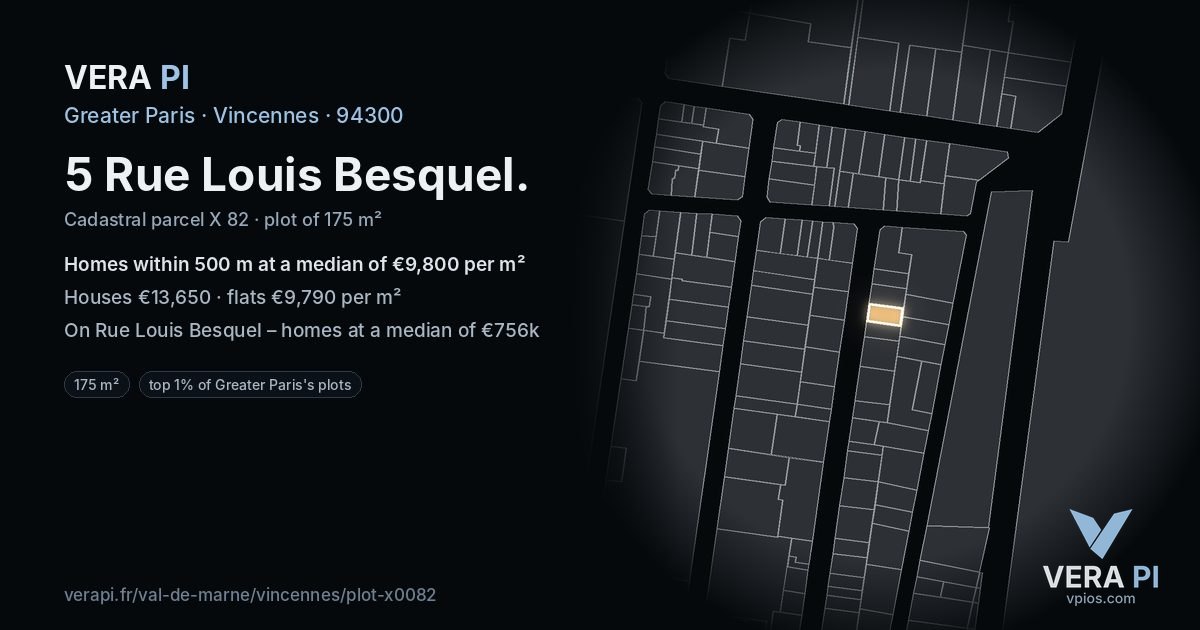 5 Rue Louis Besquel, Vincennes at night – the plot lit, the parcels around coloured by the prices near them