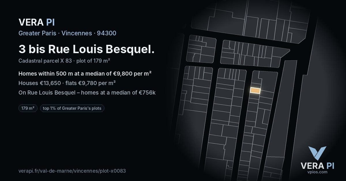 3 bis Rue Louis Besquel, Vincennes at night – the plot lit, the parcels around coloured by the prices near them