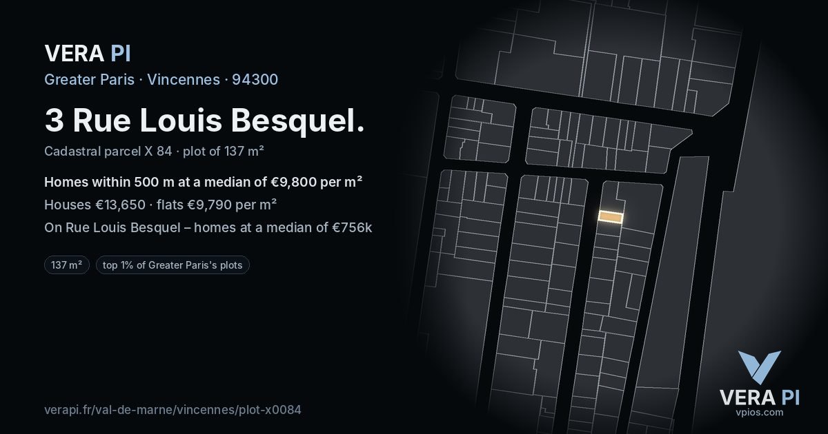 3 Rue Louis Besquel, Vincennes at night – the plot lit, the parcels around coloured by the prices near them