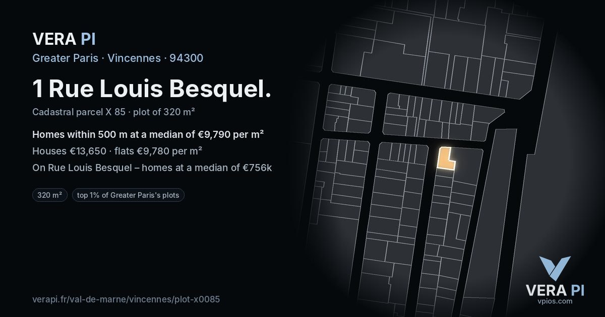 1 Rue Louis Besquel, Vincennes at night – the plot lit, the parcels around coloured by the prices near them