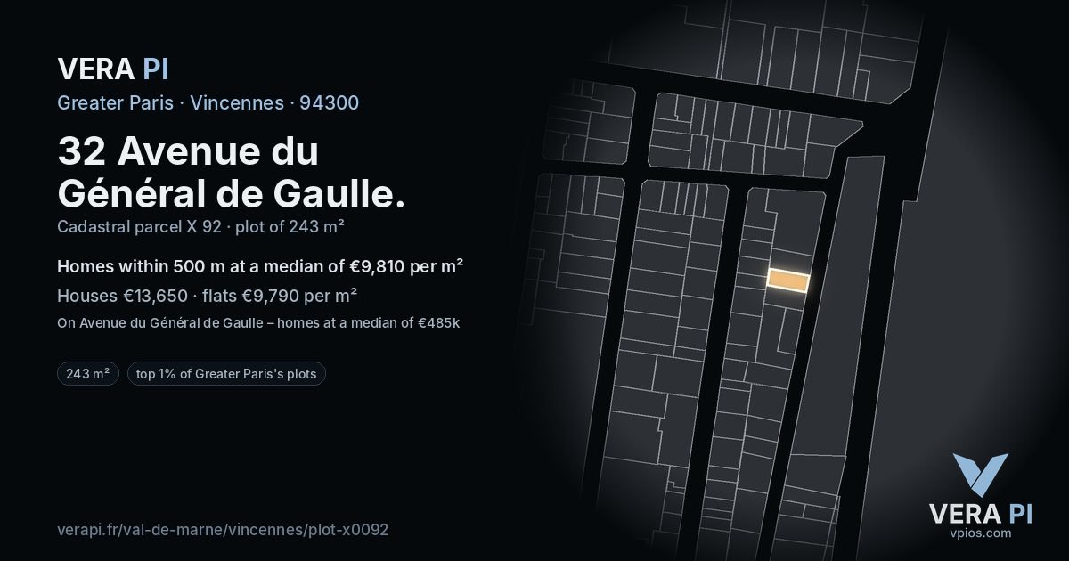 32 Avenue du Général de Gaulle, Vincennes at night – the plot lit, the parcels around coloured by the prices near them