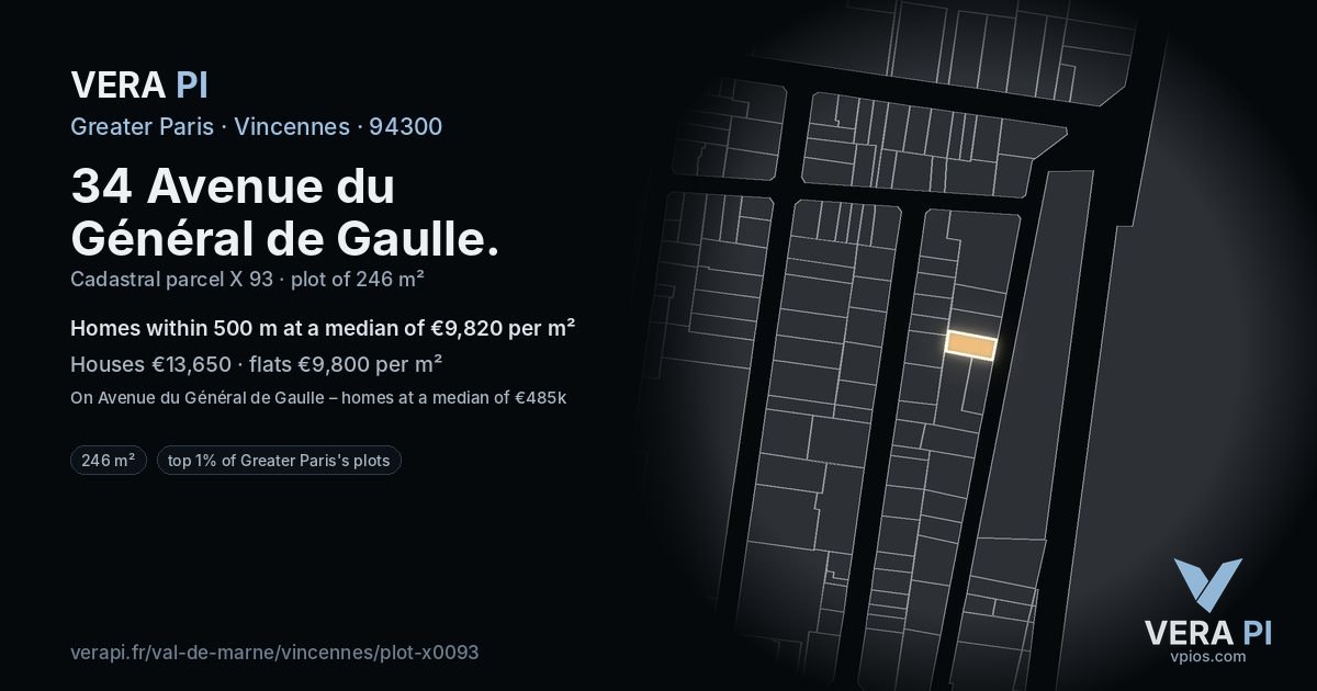 34 Avenue du Général de Gaulle, Vincennes at night – the plot lit, the parcels around coloured by the prices near them