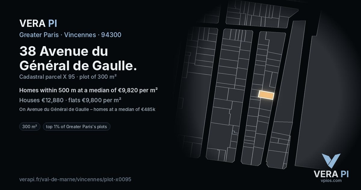 38 Avenue du Général de Gaulle, Vincennes at night – the plot lit, the parcels around coloured by the prices near them