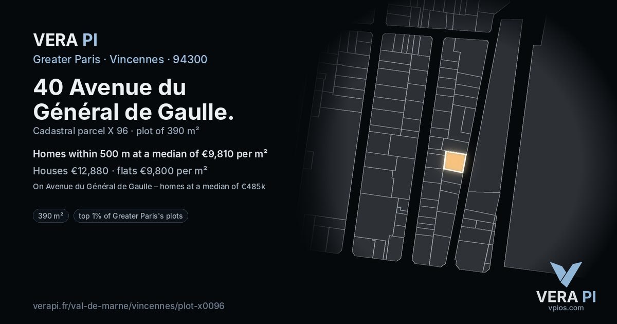 40 Avenue du Général de Gaulle, Vincennes at night – the plot lit, the parcels around coloured by the prices near them